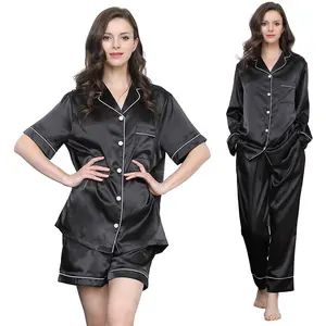 Schwarze Kurzarm-und Langarm-Seidensatin-Damen pyjamas Nachtwäsche