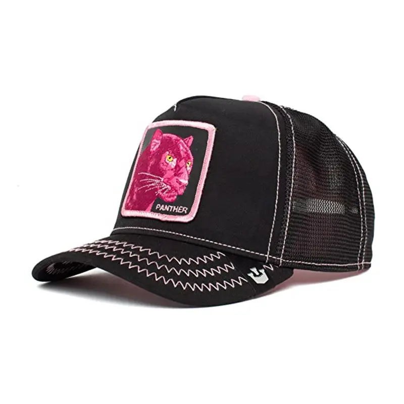 2023 Neuankömmling 5 Panel Fashion Design Schwarz Rosa Mesh Panther Baseball Bestickter Trucker Hut