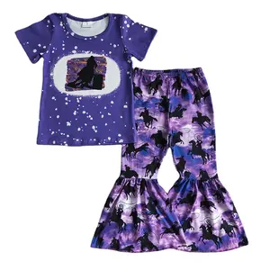 Baby Girl Purple Short Sleeve Horse Shirt Bell Bottom Pants Wholesale Children Fall Kids Clothes Toddler Western Rodeo Outfit