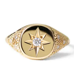 Monili di modo 925 sterling silver 14k placcato oro zircone stella del nord starburst anello con sigillo