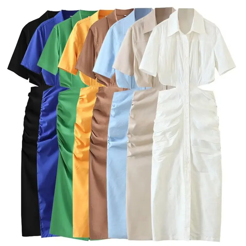 ZATRHMBM 2022Summer women's European and American style lapel short-sleeved high-waisted hollow design buttoned mid-length dress