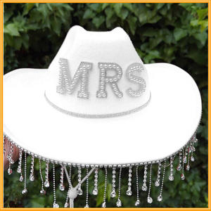 Bachelorette poule fête mariage strass gland Cowgirl <span class=keywords><strong>chapeau</strong></span> mariée feutre chapeaux diamant perle douche nuptiale Cowboy chapeaux pour femmes - Product Image 2