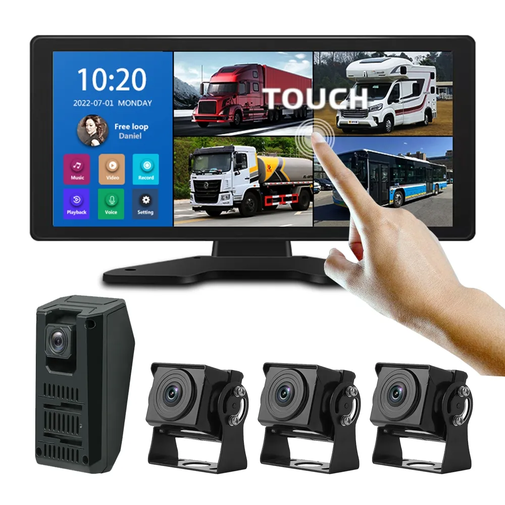 Sistem Monitor kendaraan 4ch, kamera 1080p Ahd layar sentuh 10.36 inci Fm Mp5 Dvr untuk mobil/truk/bus perekam parkir pengawasan