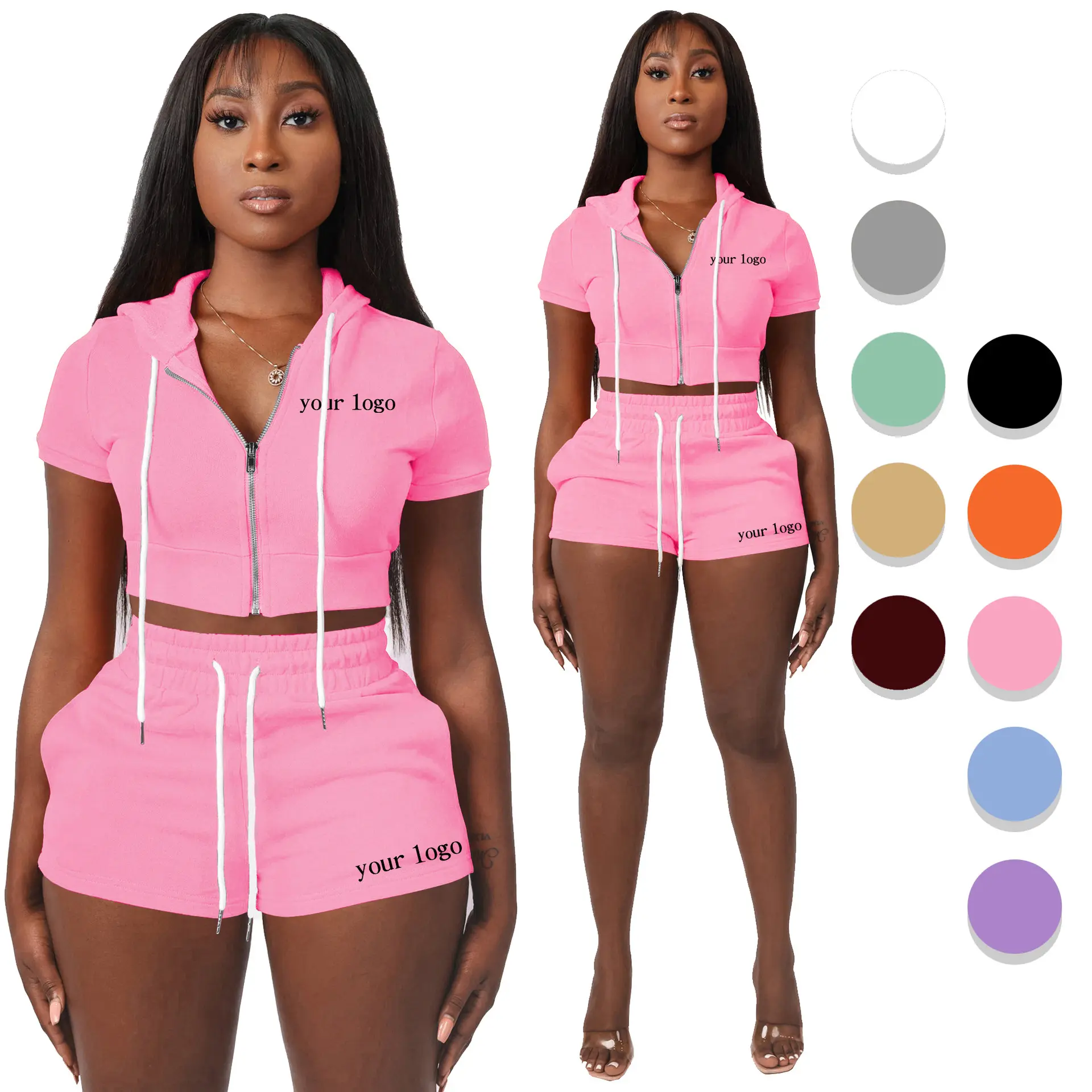 Custom Logo Hoodie 2 Pprom Dresseset Women Zip up Hooded Crop Top Hoparty Dresses Robed Sweat Two Piece Short Set Women Summer