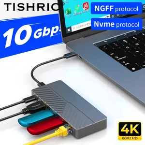 TISHRIC casing Hard Drive 6-in-1, kandang Dok M.2 NGFF/NVME Dual Protocol HD pengisian daya mundur antarmuka HDMI USB