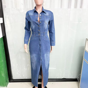 Wholesale New Spring Vintage Tight Waist Denim <strong>Dress</strong> Turndown Collar Button <strong>Dress</strong> Fashion Split Denim Long Denim <strong>Dresses</strong> - Product Image 6