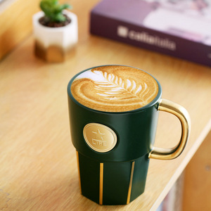 Mug à café en céramique verte, plaqué or, style nordique, motif feuille, en porcelaine, pour cadeau de miss, occasion spéciale - Product Image 1