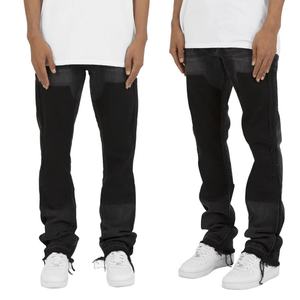 Fashion Designer Style <b>Men's</b> Clothing OEM Contrast Panel Stone Wash Raw Hem Baggy <b>Work</b> Flare Denim <b>Jeans</b> - Product Image 3