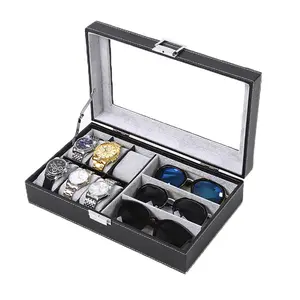 6 Slot kotak jam tangan dengan penyimpanan kacamata 3 buah untuk tempat pajangan kotak perhiasan kaca mata