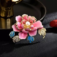 Bros bunga peoni Enamel bros bunga mutiara mewah wanita pin bros gaun cheongsam pin