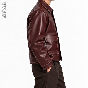 Mens Burgundy Leather Chore Jacket <b>Vintage</b> Button Up <b>Coat</b> with Contrast Stitching - Product Image 2