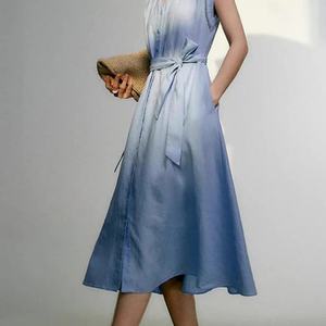 Vestido de Lino para Mujer, Cuello Redondo, Sin Mangas, Casual, Sólido, Fruncido, Natural, Ajustado, Midi, Formal, en Oferta - Product Image 3