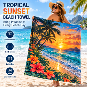 Toalla de playa Tropical Sunset de microfibra de secado rápido con estampado floral, rectangular, lista para la playa, para adultos - Product Image 1