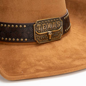 Sombrero Vaquero Occidental <span class=keywords><strong>de</strong></span> Ala Ancha <span class=keywords><strong>de</strong></span> Gamuza Marrón con Hebilla Metálica <span class=keywords><strong>de</strong></span> TEXAS, Banda <span class=keywords><strong>de</strong></span> Cuero con Remaches, Unisex, Moda Casual para Exteriores, Uso Diario - Product Image 4