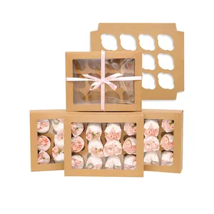 Fabriek Food Grade Ambachtelijke Papier 12 Gaten Cupcake Doos Cake Cup Brood Verpakking Takeaway Voedsel Mini Cupcake Dozen 12 M