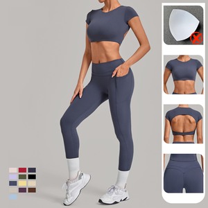 Ensemble de <span class=keywords><strong>yoga</strong></span> 2 pièces YIYI : Haut de <span class=keywords><strong>yoga</strong></span> à col rond et dos nu, Leggings taille haute effet push-up avec double poche latérale – Tenue de sport et fitness - Product Image 2