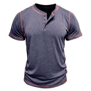 T-shirt Henley da uomo a maniche corte in cotone, modello 2026 estivo, stile vintage, vestibilità ampia e traspirante, per il commercio estero transfrontaliero - Product Image 5