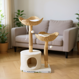 Árbol para gatos con camas tejidas y postes rascadores de 2 niveles, diseño minimalista de madera para gatos de interior - Product Image 2