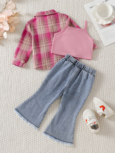 Vêtements pour enfants 2026, style européen et américain, ensemble chemise à carreaux et jean avec bretelles, vêtements pour filles de 0 à 3 <span class=keywords><strong>ans</strong></span> - Product Image 2