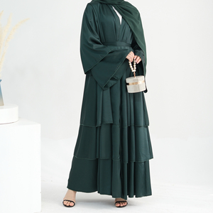 Di alta qualità in raso di seta aperta Abaya EID Dubai Abaya Patchwork tre strati di raso fluente Cardigan abito musulmano con cintura - Product Image 5