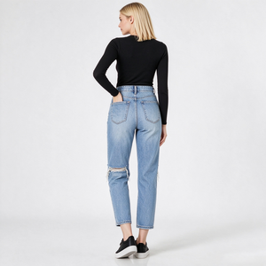 Jean droit déchiré taille haute <span class=keywords><strong>pour</strong></span> femme, coupe courte, idéal <span class=keywords><strong>pour</strong></span> les sorties décontractées et les journées d'automne - Product Image 5