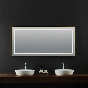 Gran oferta, espejo Led, Sensor táctil inteligente, espejo de pared de baño antivaho, espejo Led de baño con marco dorado cepillado