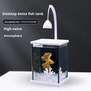 Acquario rettangolare in vetro con sfondo <span class=keywords><strong>nero</strong></span>, kit di paesaggistica, creativo, da tavolo, per pesci <span class=keywords><strong>Betta</strong></span>, ricaricabile, stile influencer - Product Image 1
