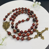 Tasbih Katolik Religius dari Batu Jasper Merah Berbintik dengan Medali Ajaib Perunggu dan Salib