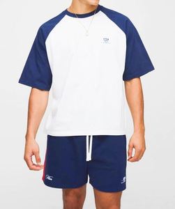 Navy Oversized Boxy Raglan Printed T-Shirt & Relaxed <b>Shorts</b> Set Casual <b>Tech</b> Tracksuit - Product Image 1