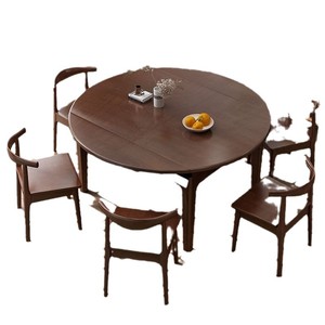 Modern Minimalist <b>Round</b> Dining <b>Table</b> Solid Wood Convertible <b>Folding</b> For Home Small Apartment Use Walnut Color - Product Image 1