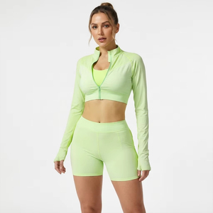 3 Piece Yoga <b>Set</b> Women Custom Logo Neon Green Workout Clothes Seamless Biker Shorts Sports Bra Cropped Zip Up Jacket Gym <b>Set</b> - Product Image 1