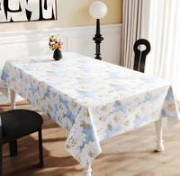 Nappe carrée de luxe en PVC bleu ciel à motifs floraux dorés, tailles personnalisables, imprimés réutilisables, imperméable, anti-taches, écologique, pour la maison