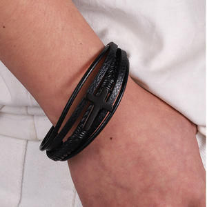 Cross <b>Bracelet</b> Stainless Steel Pu <b>Leather</b> Titanium Cross Unisex Jewelry Gift 7.5 8.5 9 Inches Geometric Design - Product Image 3