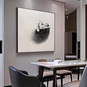 Hand Painted Oil Painting Black <b>White</b> <b>Square</b> Abstract Art Minimalist Metal <b>Frame</b> 3D Visual Effect For Living Room Dining Room - Product Image 3