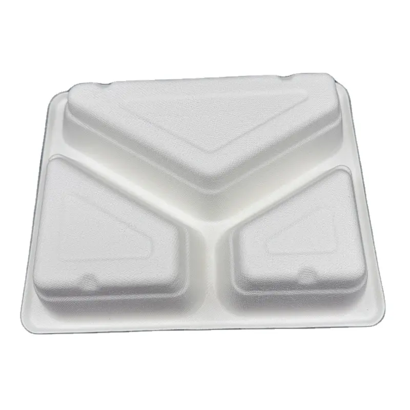 Bandeja biodegradável profunda para comida, bandeja com 3 compartimentos para polpa de cana-de-açúcar, utensílios de mesa para bagaço