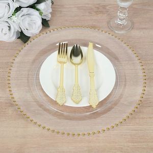 Gold Beaded Rim <b>Plastic</b> Dinner Plate 10.5 Inch Clear White Round Underplates Bulk Reusable Party Tableware for Banquets - Product Image 3