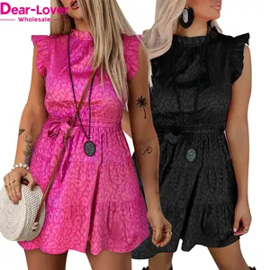 Dear-Lover Wholesale Custom OEM ODM Spring Summer Rose Women Elegant Leopard Short Sleeve Mini Satin Dress