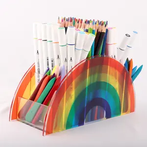 Fabriek 5 Compartimenten Uv Printing Rainbow Antislip Acryl Pen Houder Met Rubber Pad