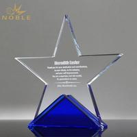 Trophée en verre personnalisé de forme étoile, gravé, pour la reconnaissance des employés, cadeau d'entreprise, base bleue, plaque d'honneur personnalisée