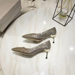 JC Versión Superior Dorada Clásica con Lentejuelas, Zapatos de Tacón Alto para Mujer, Ideales para Banquetes y Bodas, Suela de Cuero Genuino, Elegantes con Detalles de Diamantes, Estilo Jimmy Choo - Product Image 3