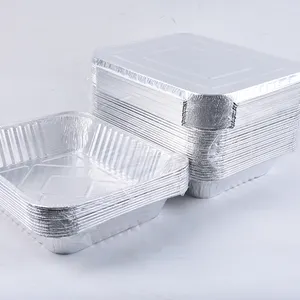 Wadah Makanan Persegi Panjang Foil Aluminium Sekali Pakai, Panci Kue Foil Aluminium Obral Besar Nampan Foil dengan Tutup Bening