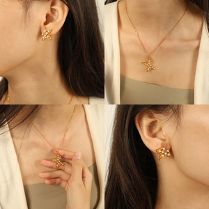 Ensemble de bijoux Star Pearl plaqué or, boucles d'oreilles et collier pour femme, à porter au quotidien - Product Image 4