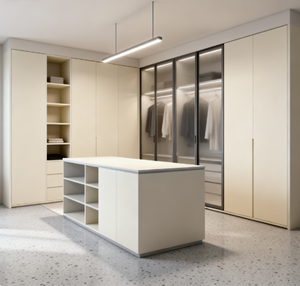 Armoire <span class=keywords><strong>de</strong></span> chambre à coucher <span class=keywords><strong>de</strong></span> grand espace <span class=keywords><strong>avec</strong></span> portes en verre étagères ouvertes et tringles à vêtements dorées Rangement spacieux Convient à la décoration <span class=keywords><strong>de</strong></span> chambre à coucher moderne - Product Image 6