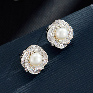 Freshwater Pearl <b>Stud</b> <b>Earrings</b> AAA Grade Gold Tone Flower Design Micro <b>Set</b> Zirconia Wedding Jewelry S925 Sterling <b>Silver</b> Needles - Product Image 4