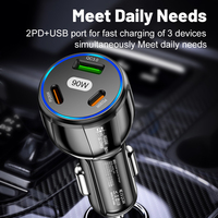 Pengisi Daya Mobil USB C 3 Port 90W, Adaptor Pemantik Rokok Pengisian Cepat PD30W untuk iPhone 15 14 13 Pro Max Samsung S26 S23