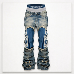 Vaqueros de mezclilla para hombre WangSheng de tiro medio, con patchwork oscuro y claro, desgastados, rotos, con paneles a rayas, apilados, de corte regular, estilo vintage Y2K - Product Image 1
