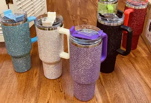Glitter 40oz rhinestone bling diamond tumbler with handle Vacuum Insulated Stainless Steel Bottle cup with lid and straw