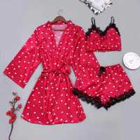 Ensemble de nuit sexy 3 pièces en soie de lait pour femme : Robe de chambre d'été, Cardigan, Chemise de nuit et Peignoir de mariée en dentelle