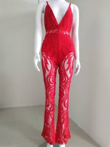 C1074 Migugarment Ingrosso 2025 Nuova Moda <span class=keywords><strong>Tuta</strong></span> Lunga <span class=keywords><strong>in</strong></span> <span class=keywords><strong>Pizzo</strong></span> Rosso di Marca Celebre, Design <span class=keywords><strong>in</strong></span> Rete Rossa Disponibile - Product Image 6