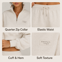 Conjunto de Dos Piezas OEM para Mujer, Sudadera Corta con Cierre de Cremallera de Algodón y Felpa Color Marfil, Pantalones Deportivos de Cintura Alta y Pierna Ancha